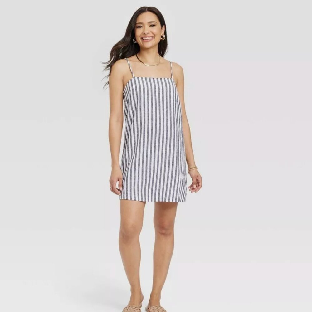 A New Day | Women's Linen Mini Dress Blue Striped | XXL